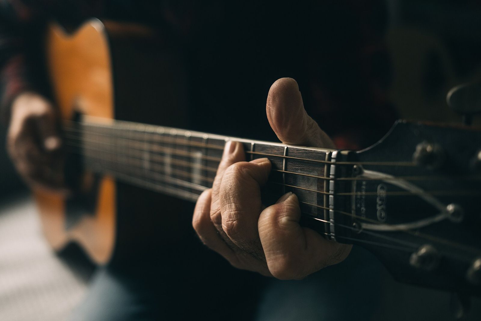 Close-up of fingers pressing the strings of an acoustic guitar